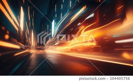 abstract long exposure dynamic speed light trails in urban environment. Car motion trails. Speed light streaks background with blurred fast moving light effect, yellow colors on black. Generative AI abstract long exposure dynamic speed light trails in urban environment. Car motion trails. Speed light streaks background with blurred fast moving light effect, yellow colors on black. Generative AI 104405756