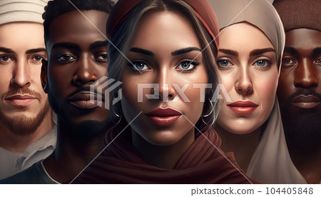 group of women and men with different races and skin colors gathered together, celebrating their diversity and unity. Representation of the beauty of different cultures coming as one. Generative AI 104405848