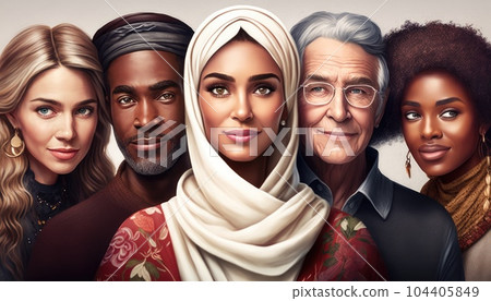 depicting group of women and men from diverse races, ethnicities, skin tones, and cultures coming together in friendly and welcoming manner. The women shown wearing variety outfit. Generative AI 104405849