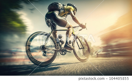 One adult caucasian man ride electric e-bike bicycle in sunny summer day getting ready in front of the house wear protective helmet and eyeglasses real people copy space 104405855