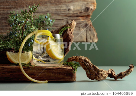 Cocktail gin-tonic with ice, lemon, and rosemary in a frozen glass. Cocktail gin-tonic with ice, lemon, and rosemary in a frozen glass. 104405899