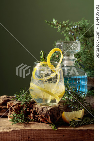 Cocktail gin-tonic with ice, lemon, and rosemary in a frozen glass. Cocktail gin-tonic with ice, lemon, and rosemary in a frozen glass. 104405903