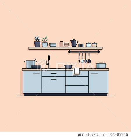 Flat illustration of modern kitchen interior with furniture, appliances and utensils, vector illustration 104405926