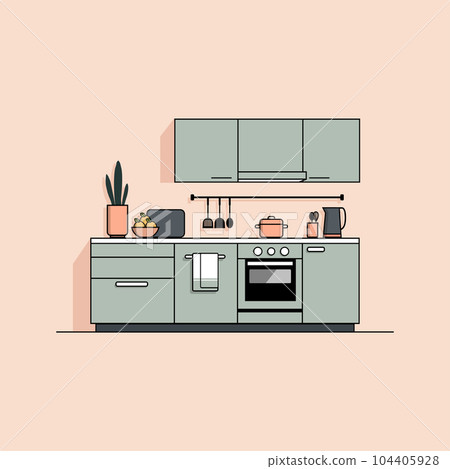 Flat illustration of modern kitchen interior with furniture, appliances and utensils, vector illustration 104405928