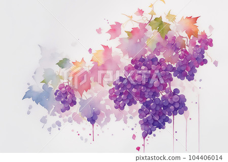 Watercolor Ripe Grapes Fruit Illustration with Green Leaves and Colorful Paint Splash Isolated on White Background. Aquarelle Wallpaper Design for Banner, Poster, Invitation, Menu or Card. AI 104406014