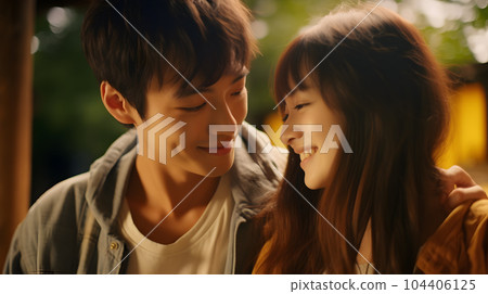 微笑的年輕夫婦握著肩膀 [AI 生成圖像] 104406125