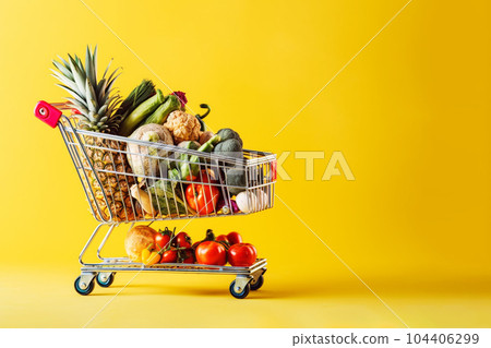 Food price inflation. Shopping cart full of groceries on yellow background. Copy space. Food price inflation. Shopping cart full of groceries on yellow background. Copy space. 104406299