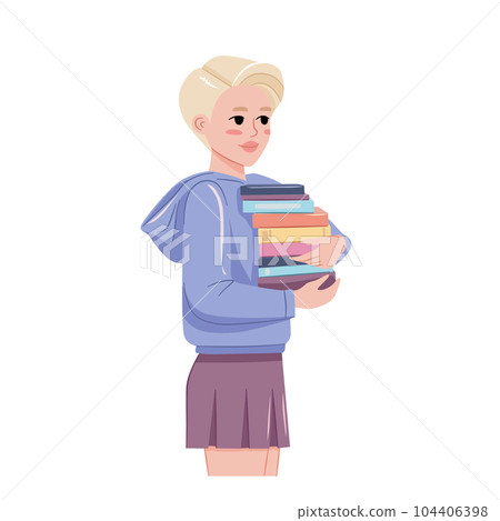 Beautiful young girl student with stacked books in her hands. Flat vector illustration 104406398
