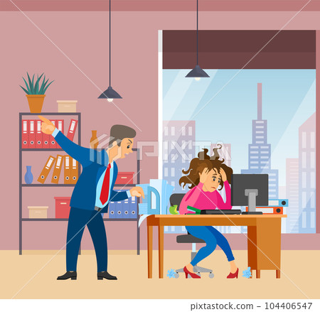Manager shouts at female office worker. Stressed woman working at computer to finish task on time 104406547