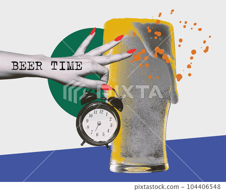 Female hand holding alarm clock near glass with foamy lager beer. Time to drink. Contemporary art collage. 104406548