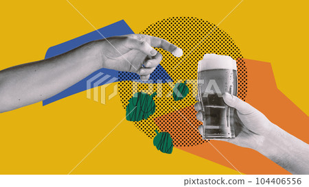Glass of foamy beer and beer hops over yellow background. Beer festival time. Contemporary art collage. 104406556