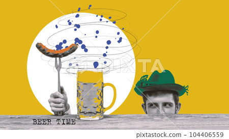 Bavarian man peeking out table with beer mugs and grilled sausage. Banner. Contemporary art collage. 104406559