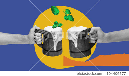 Hops. Human hands holding wooden vintage mugs with foamy beer. Cheerful meeting. Contemporary art collage. 104406577