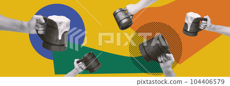 Human hands holding wooden, vintage beer mugs over multicolored background. Contemporary art collage. 104406579
