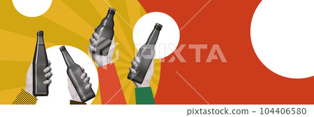 Human hands holding beer bottles over colorful background. Contemporary art collage. 104406580