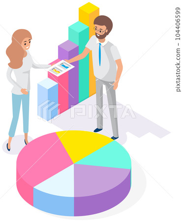 Employees analyze statistical indicators, business data. Characters work with marketing research Employees analyze statistical indicators, business data. Characters work with marketing research 104406599