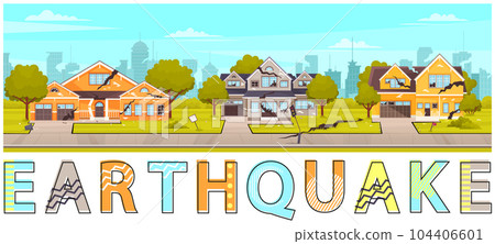 Destroyed residential buildings after apocalypse, cataclysm damaged road and inscription earthquake Destroyed residential buildings after apocalypse, cataclysm damaged road and inscription earthquake 104406601