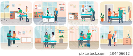 Veterinary care, treatment of pets scenes set. Visit to vet clinic to check health of animal Veterinary care, treatment of pets scenes set. Visit to vet clinic to check health of animal 104406612