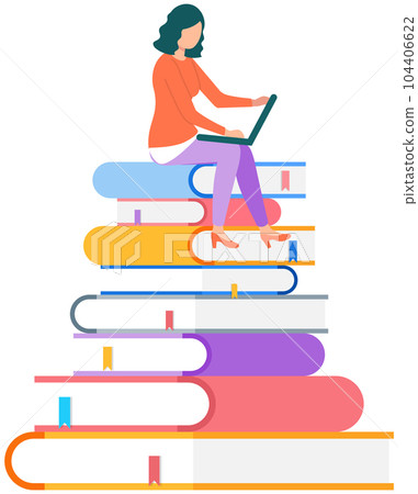 Young woman sitting on pile of books and using her laptop. Female freelancer doing computer work 104406622