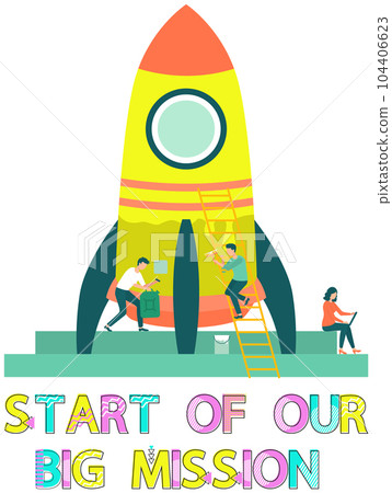 Team is constructing rocket. People create new project with spaceship. Start of new mission, startup 104406623