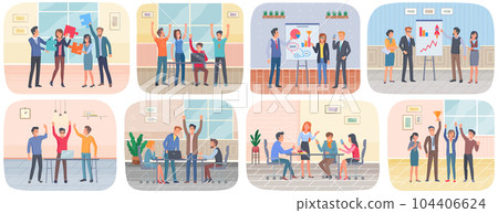 Successful project execution, happy colleagues scenes set. Teamwork, conversation in office 104406624