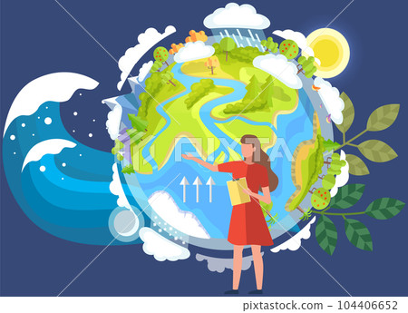 Girl talking about impact of climate change. Visualization of weather in different parts of planet Girl talking about impact of climate change. Visualization of weather in different parts of planet 104406652