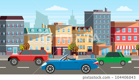 Modern car parking along town street in cartoon style. Vehicles car on city street Modern car parking along town street in cartoon style. Vehicles car on city street 104406843