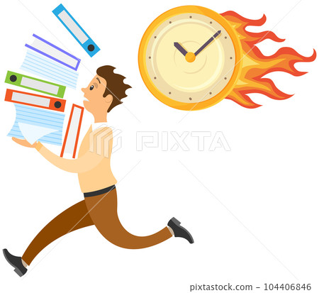 Employee in hurry with folders is doing paperwork to finish task on time and deal with deadlines Employee in hurry with folders is doing paperwork to finish task on time and deal with deadlines 104406846