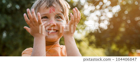 Portrait of very happy child. Three years joyful laughing kid outside. Beautiful little boy on nature background. Kindergarten for happy children. Back to school. Sustain. Future. Energy. Portrait of very happy child. Three years joyful laughing kid outside. Beautiful little boy on nature background. Kindergarten for happy children. Back to school. Sustain. Future. Energy. 104406847