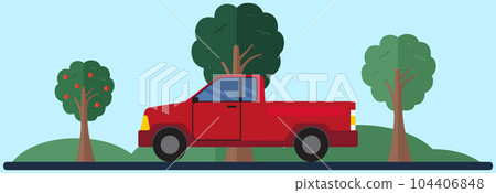 Pick up driving on country road. Landscape with green trees and automobile. Driving in forest Pick up driving on country road. Landscape with green trees and automobile. Driving in forest 104406848