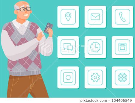 Old man with smartphone writes email, calls and uses internet. Elderly man using mobile phone 104406849