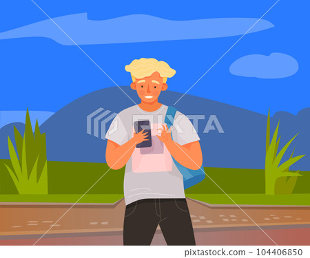 Schoolboy with smartphone is chatting. Male character using mobile device for studying Schoolboy with smartphone is chatting. Male character using mobile device for studying 104406850