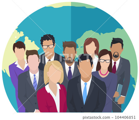 Businesspeople standing near world globe. Office employees in business suits on background of planet Businesspeople standing near world globe. Office employees in business suits on background of planet 104406851