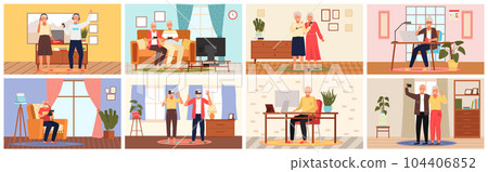 Old people play video game. Senior people with different gadgets. Oldster education on computer 104406852