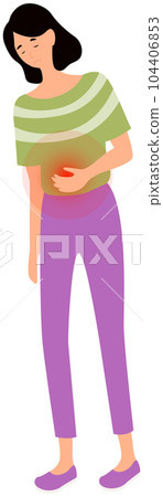 Girl with sad face suffering from stomachache. Female character is feeling pain in abdomen 104406853