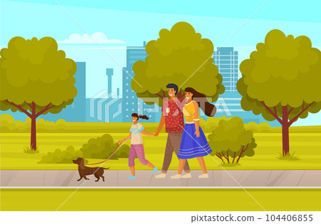 Happy family walking together with small dog along road sunny day, people walk with pet in city park Happy family walking together with small dog along road sunny day, people walk with pet in city park 104406855