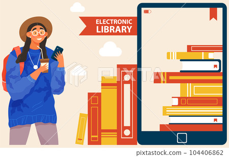 Woman with smartphone is writing email on abstract green background and drinking hot coffee 104406862