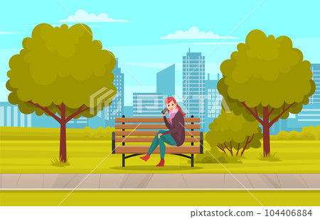 Girl holding phone in her hands and resting in park. Young woman sits and smiles on bench near trees Girl holding phone in her hands and resting in park. Young woman sits and smiles on bench near trees 104406884
