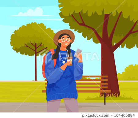 Woman with smartphone is writing email on abstract green background and drinking hot coffee Woman with smartphone is writing email on abstract green background and drinking hot coffee 104406894