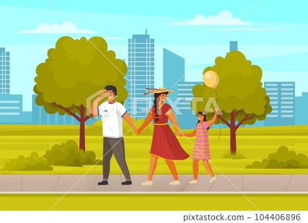 People happy family walk in city park or square. Mom, dad and child with baloon spend time outdoors 104406896