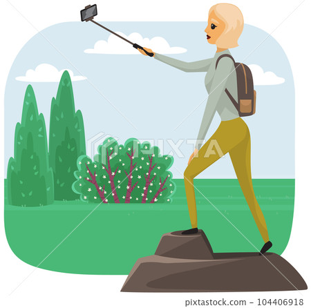 Lady with smartphone is posing for photo on peak. Woman taking selfie on summit of mountain Lady with smartphone is posing for photo on peak. Woman taking selfie on summit of mountain 104406918