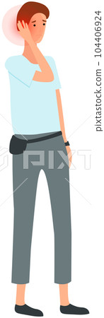 Guy with sad face is suffering from pain in his ear. Painful sensations of sick person with earache 104406924