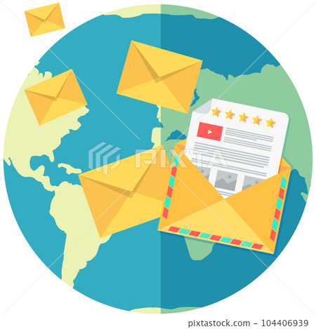 International postal system, worldwide delivery of mails. Globe surrounded by yellow envelops International postal system, worldwide delivery of mails. Globe surrounded by yellow envelops 104406939