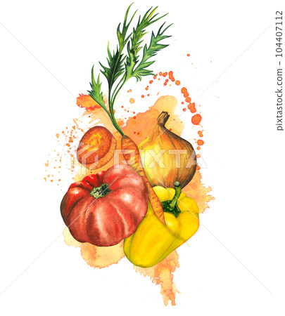 Watercolor vegetables composition with tomato, cut carrot, bell paper, onion, watercolour splashes and drops. Hand drawn illustration for package design, website banner, flyer. Isolated on white 104407112