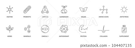 Organic, bio, vegan product label. Supplement and vitamin line icon set. Natural probiotic, protein, mineral sign for packaging. Healthy food. Detox diet badges. Nutrition sign. Vector illustration Organic, bio, vegan product label. Supplement and vitamin line icon set. Natural probiotic, protein, mineral sign for packaging. Healthy food. Detox diet badges. Nutrition sign. Vector illustration 104407135