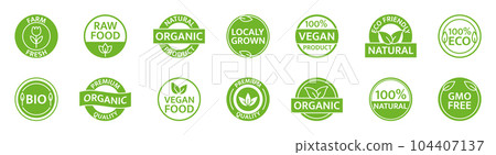 Organic, natural, bio product icon set. Gmo free. Healthy vegan food label. Farm fresh, locally grown badges. Eco friendly tag. Beauty product. Sustainable life. Premium quality. Vector illustration Organic, natural, bio product icon set. Gmo free. Healthy vegan food label. Farm fresh, locally grown badges. Eco friendly tag. Beauty product. Sustainable life. Premium quality. Vector illustration 104407137