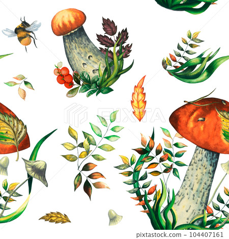 Seamless watercolour pattern of wild forest red mushrooms with leaves, pine needle, bumblebee, lingonberry. Isolated hand drawn illustration on white background Seamless watercolour pattern of wild forest red mushrooms with leaves, pine needle, bumblebee, lingonberry. Isolated hand drawn illustration on white background 104407161