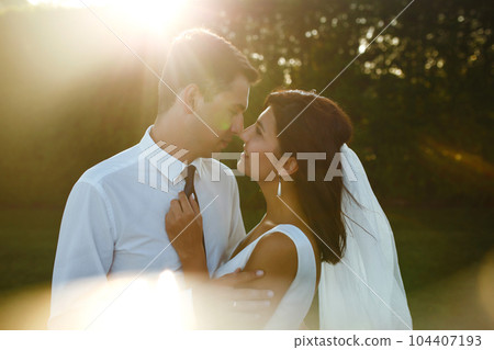 Lovely wedding couple at sunset. Bride, groom in wedding attire with bouquet of flowers. Romantic. Lovely wedding couple at sunset. Bride, groom in wedding attire with bouquet of flowers. Romantic. 104407193