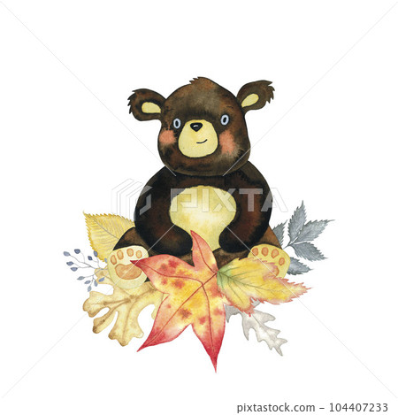 Watercolour teddy bear with autumn leaves of oak tree, maple, elm, fantasy herbs. hand drawn illustration for kids greeting card and baby shower isolated on white 104407233