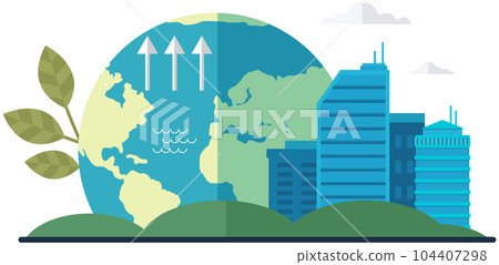 Changes in water level and climate on planet. Cityscape with skyscrapers on background of globe Changes in water level and climate on planet. Cityscape with skyscrapers on background of globe 104407298